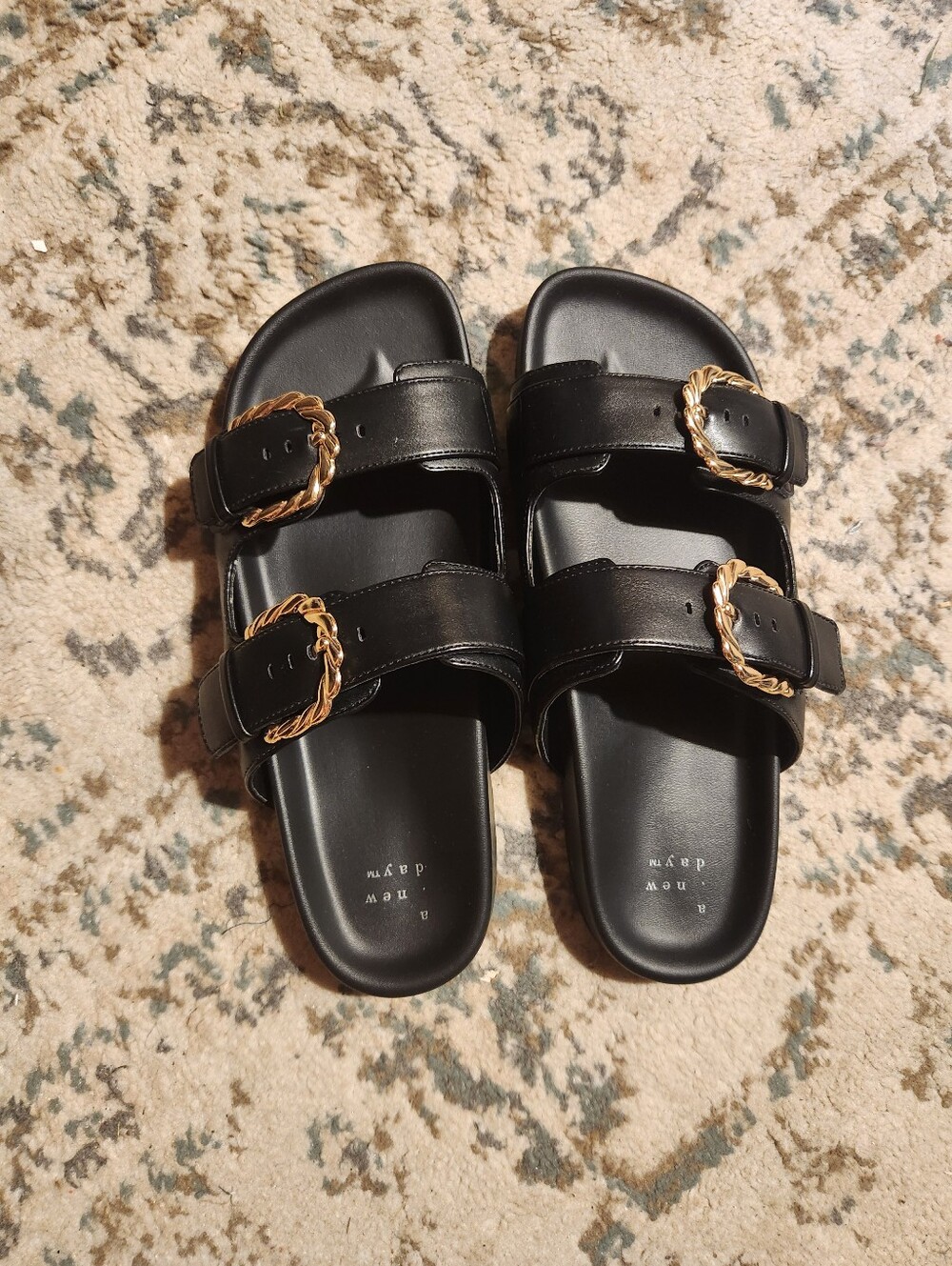 Black Double-Buckle Slide Sandals with Gold Accents